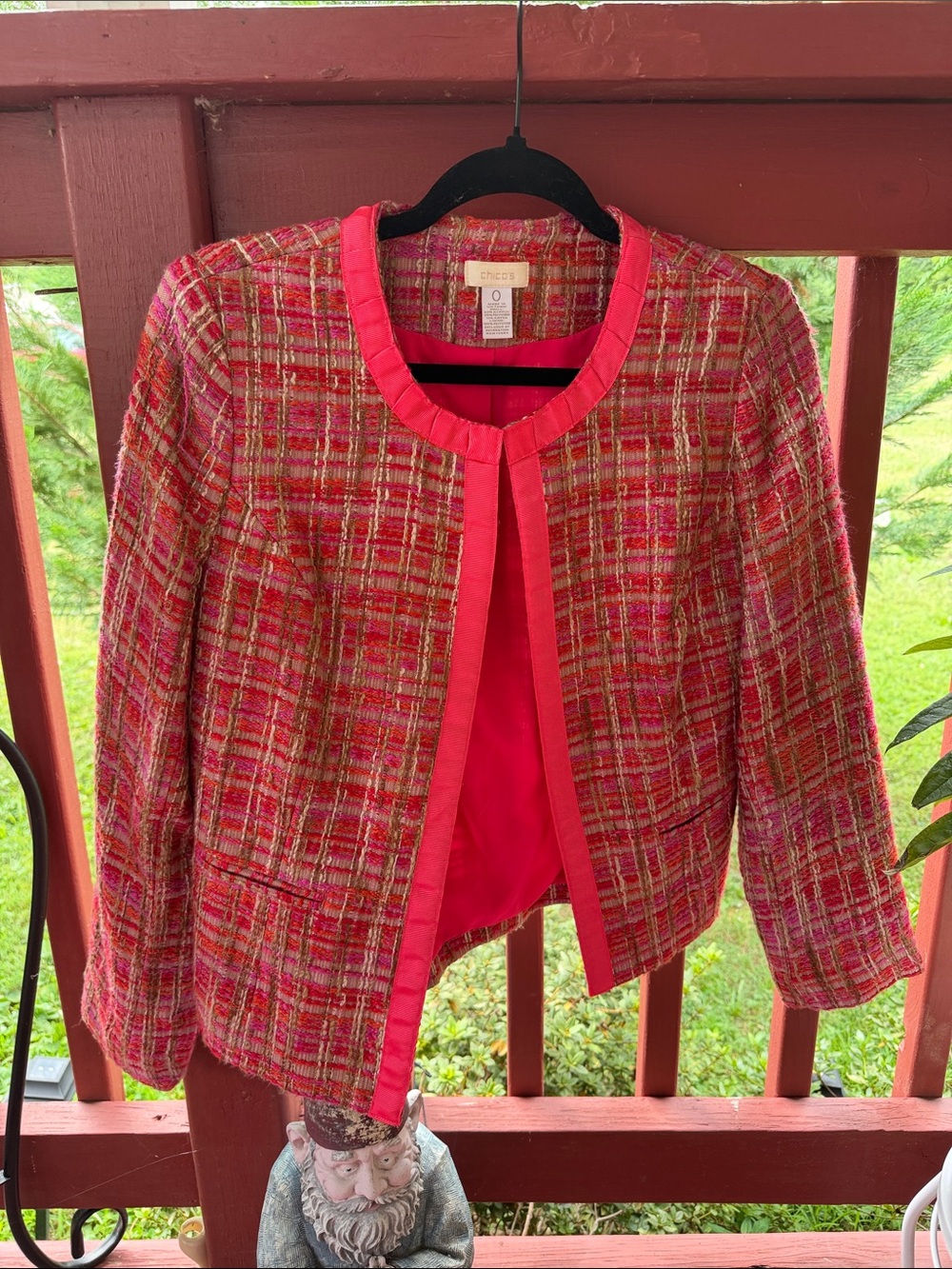 Chico's Pink Plaid Tweed Collarless Jacket